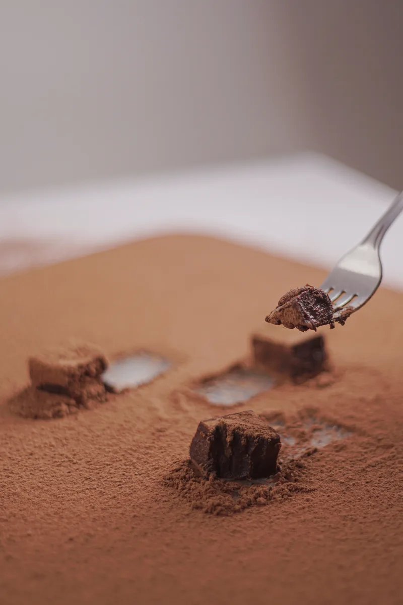 A fork pressing into a brownie sunk in cocoa.