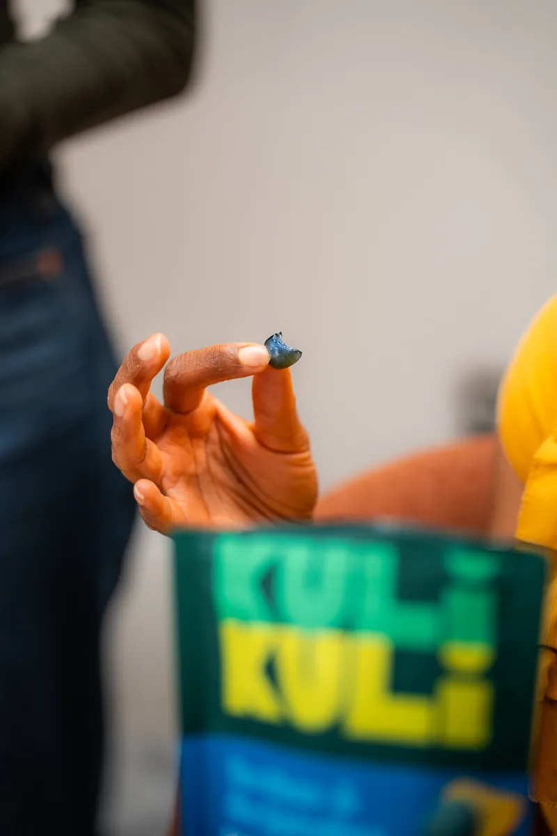 A hand reaching into a teal Kuli Kuli pouch, close on the product.